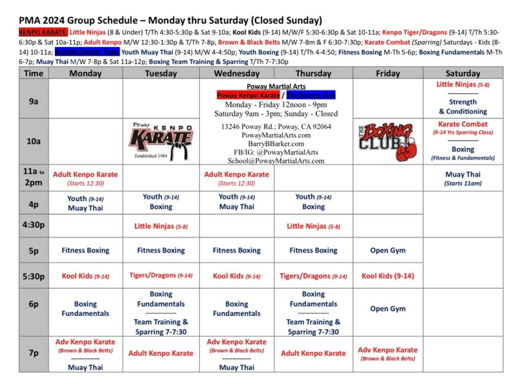 poway martial arts class schedule