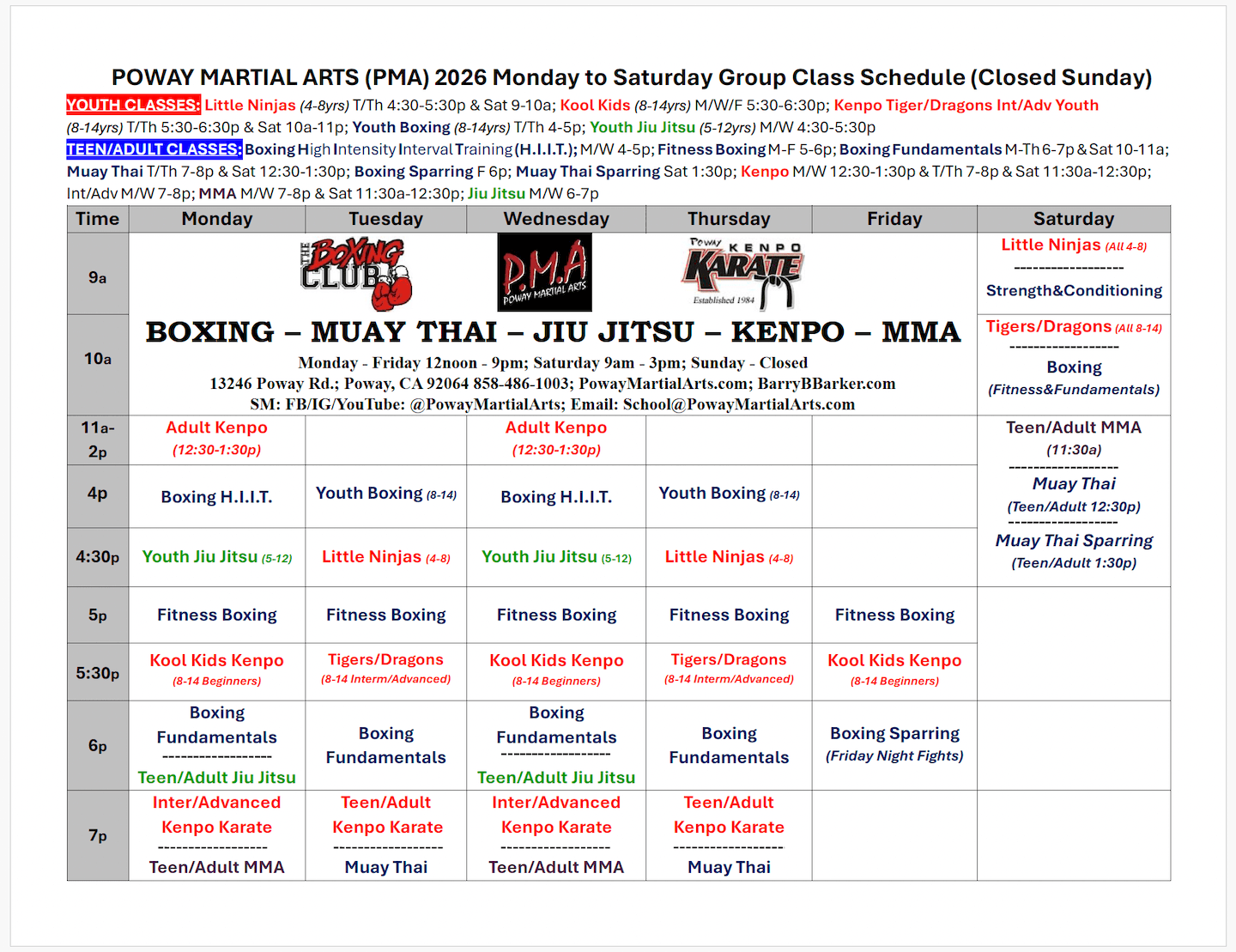 PMA Schedule with Jiu Jitsu April 2026